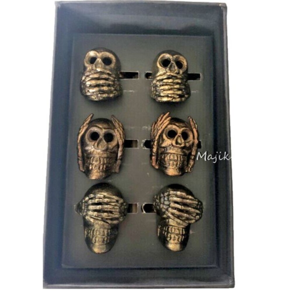 Rachel Zoe Skull Napkin Rings See Hear Speak No Evil Dark Gold Metal Set of 6